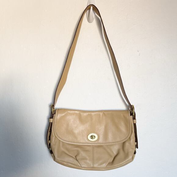 Coach Purse Bag Crossbody Tan Legacy Turnlock  Smooth Leather Flap Satin Lining - Picture 1 of 15